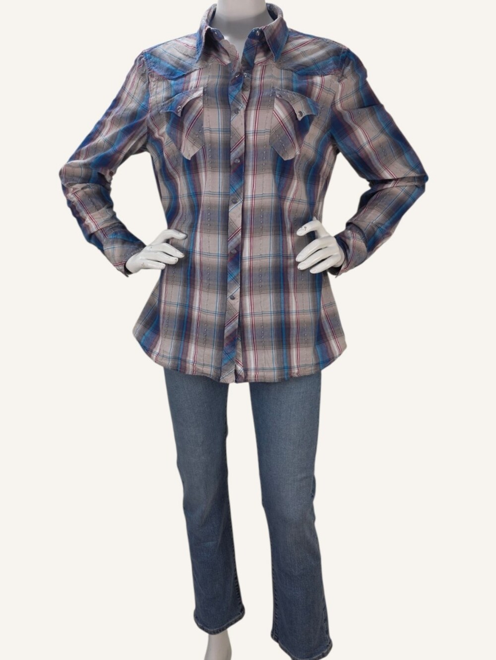 Roper XL Blue Red Plaid Pearl Snap Western Shirt Rodeo Cowgirl 100% Cotton